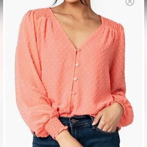 Gibson look Pin Dot Smocked Detail V-Neck Blouse size small in coral